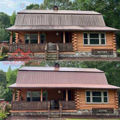 Before and after exterior cleaning on a log home