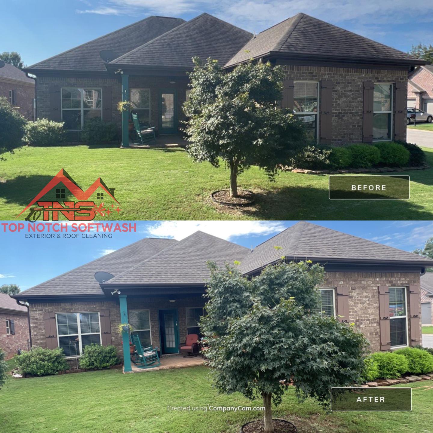 Before and after soft washing result on a North Alabama home
